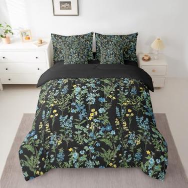 Imagem de Erosebridal Jogo de lençol solteiro de flores silvestres com edredom de 7 peças, azul e amarelo, para quarto de crianças, adolescentes e adultos, planta de folha verde em uma cama bege em um saco de