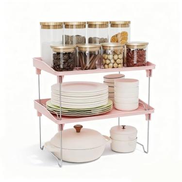 Imagem de STARLATTA 2 prateleiras organizadoras de armário, prateleiras empilháveis de cozinha, suporte de especiarias, organizadores de bancada, prateleiras de armazenamento de plástico preto para maquiagem