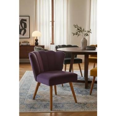 Imagem de Cadeira Pétala Flor Roxo Veludo, Design Moderno, Pés em Madeira, Formato Concha, Sem Braços, Versátil para Sala de Estar, Quarto, Penteadeira e Closet
