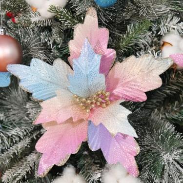 Imagem de GreenHouzz 10 palhetas de flores de poinsétia de 28 cm, flores artificiais de Natal com glíter, com hastes, enfeites festivos, guirlanda de festa de casamento, decoração de ano novo para casa