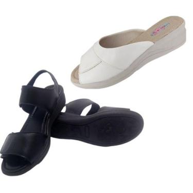 Imagem de Kit 2par Sandália Tamanco Anabela Feminino Ortopédico Couro F255 226 -