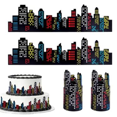 Imagem de 4un Toppers Bolo Arranha-Céus com Pontos Adesivos, Topper para Bolo Cidade Decorações Arranha-Céus para Festa Aniversário Super-Herói e Eventos com Tema Construção
