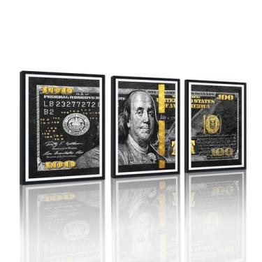 Imagem de Tela de arte de parede de dinheiro emoldurada preta com notas de 100 dólares, 3 painéis para decoração de casa, sala de estar, quarto, sala de jantar, escritório, corredor, impermeável, uso interno