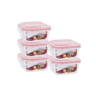 Imagem de Kit 5 potes vidro hermético trava quadrado 520ml marmita