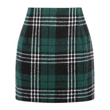 Imagem de Saia feminina Kinghua, xadrez de lã, mini cintura alta, verde