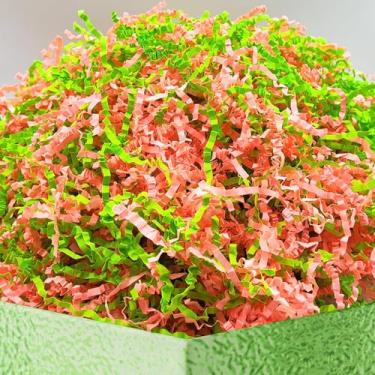 Imagem de DOTUHAO Papel cortado enrugado, 450 g de papel enrugado, verde brilhante e rosa brilhante, enchimento de cesta de presente, fragmentos de papel de enchimento de caixa de presente, grama de ráfia ótima