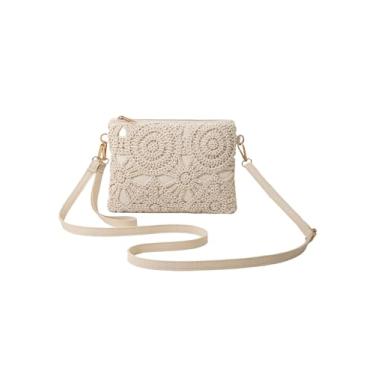 Imagem de OYOANGLE Bolsa feminina boho quadrada de crochê para férias na praia com zíper pequena bolsa transversal com alça removível, Bege, one_size, Macio
