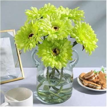 Imagem de DCYEQRQ Buquê de simulação de flores artificiais, gerbera, plástico, decoração moderna, sala de estar, flores falsas, conjunto de seda, margarida, adequado para buquês de casa de banho (Groen One P