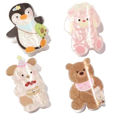 Imagem de 4 peças de grampos de cabelo de animal de desenho animado para cabelo fino, fofo, médio, acrílico, urso, coelho, pinguim, acessórios para mulheres (4 cores)