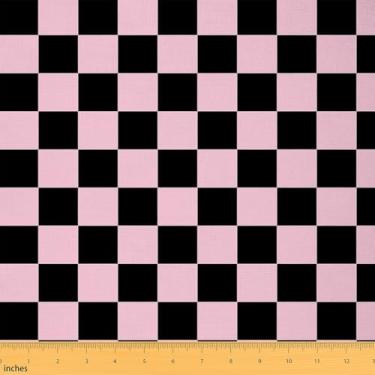 Imagem de Tecido quadriculado adolescente mulheres homens rosa preto xadrez tecido estofado para cadeiras sofá sofá meninos bonito retrô quadriculado geométrico vintage para projetos de bricolage em casa