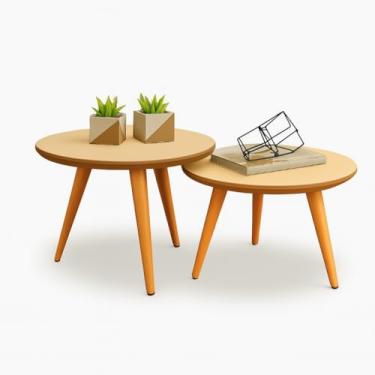 Imagem de Mesa de Canto para Sala, Mesa de Canto Madeira, Conjunto 2 Mesinhas de Centro Sala Madeira Redonda Pé Palito, Requer Montagem Pelo Próprio(Off White Freijó)