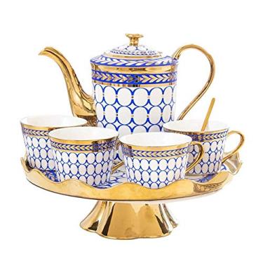 Imagem de Conjunto de xícaras de chá e café com acabamento dourado, conjunto de chávenas de chá de cerâmica, incluindo estilo 6 peças, xícara de chá com bandeja de chá rotativa (conjunto azul com 14) (conjunto