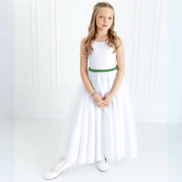 Imagem de Vestido Infantil Longo Branco cinto e laço VERDE BANDEIRA REF4193 - Só