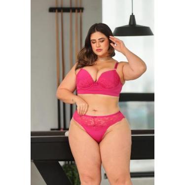 Imagem de Conjunto sutiã e calcinha plus size rosa com renda - Niff moda íntima 