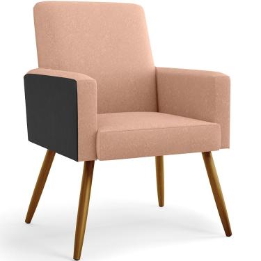 Imagem de Poltrona Decorativa Para Sala De Estar Maria W01 Pés Palito Linho Rosê Couríssimo Preto - Lyam Decor