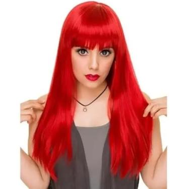 Imagem de Peruca Longa Lisa com Franja para Cosplay e Fantasias, Vermelho Vibrante, Cabelo Sintético, Comprimento Longo Sintética