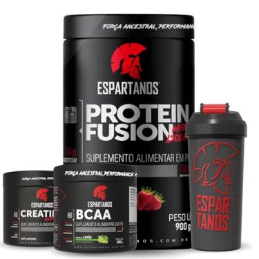 Imagem de Combo Whey Protein Fusion Morango 900g + BCAA em Pó Limão 100g + Creatina 100g + Shaker - Espartanos