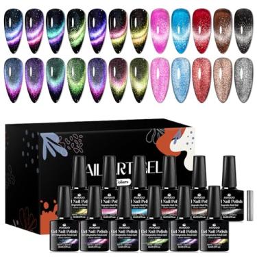 Imagem de MSRUIOO Conjunto de esmalte de gel Cat Eye, conjunto magnético de esmalte de gel olho de gato, kit de esmalte de gel com 1 ímã 8 ml x 12 peças de arte de unhas UV/LED para meninas e mulheres presentes