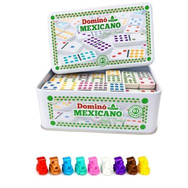 Imagem de Hoyle Dominó Mexicano Profissional, 96 Peças, Branco, Metal e Melamina, com Trens e Eixo Central, Pedras 5,2x2,5cm, Estojo de Lata, para 10 Jogadores, 6+ Anos
