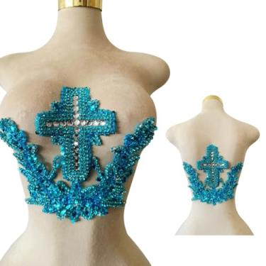 Imagem de Patch bordado feito à mão com contas cruzadas, aplique de strass feito à mão, design criativo, decoração de roupas para vestido de casamento antecessor ou terno masculino nas costas (azul celeste)