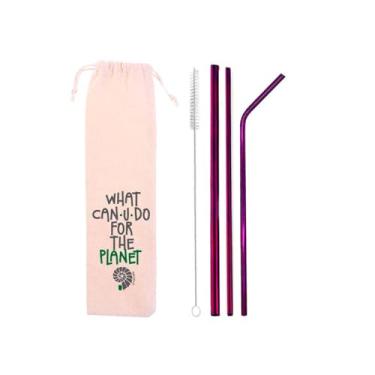 Imagem de Kit Canudos de Inox 5 em 1 – 3 Canudos Reutilizáveis com Shake (8mm) + Escova + Ecobag Ecológica (Roxo)