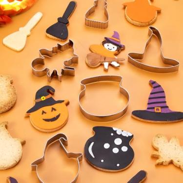Imagem de Conjunto de 5 cortadores de biscoito de Halloween – Bruxa, vassoura, chapéu de feiticeiro, caldeirão, cartola, abóbora - aço inoxidável, lavável na lava-louças