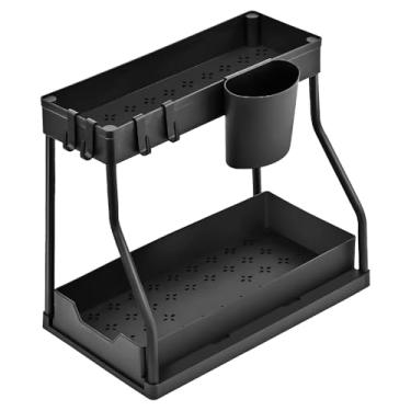 Imagem de Organizador Prateleira Multiuso 2 Níveis Andares Bandeja Gaveta Banheiro e Cozinha Armário(PRETO)