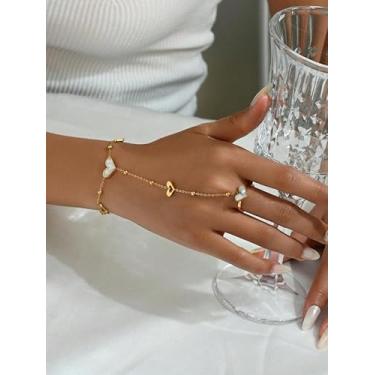 Imagem de Pulseira dourada elegante com anel para mulheres, boho, ajustável, estilo férias, pulseira de elos para presente de aniversário, Medium, Liga de aço, Sem Pedra Preciosa