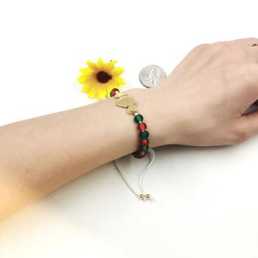 Imagem de Generic Pulseira de contas de vidro acessível, joias de Natal ajustáveis de 6 mm, pulseira de aço inoxidável com pingente de coração, pulseiras de amizade em camadas de festa festiva para mulheres