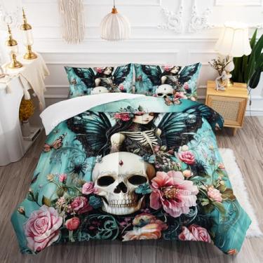 Imagem de AILONEN Conjunto de edredom casal de caveira gótica com flor, esqueleto, fada, estilo borboleta, 3 peças, 1 colcha e 2 fronhas, microfibra macia