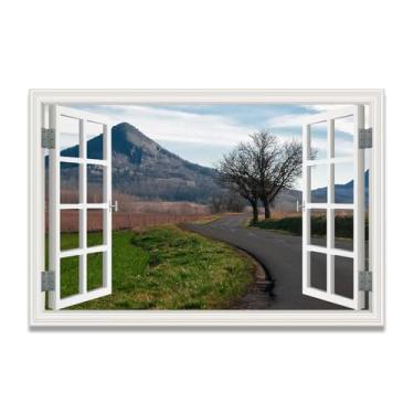 Imagem de The Road Next To The TreeSpace-Saving Tela de janela falsa, arte de parede cênica realista para quarto, casa, 50 x 75 cm, sem moldura