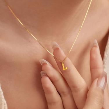 Imagem de Colar com inicial para mulheres, pingente de letra de aço inoxidável banhado a ouro 18K, bloco de A a Z, joia personalizada do alfabeto, 18+2in, Aço inoxidável, Sem Pedra Preciosa