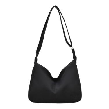 Imagem de Bolsa de ombro leve cor sólida Hobo Bolsa simples com zíper lona transversal feminina, Preto