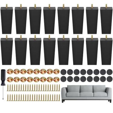 Imagem de TURSTIN Conjunto de 16 pés pretos quadrados de madeira maciça para móveis de madeira maciça para sofá, sofá, cadeira, cama, armário, mesa, inclui parafusos, arruelas de ferro, almofadas de feltro e