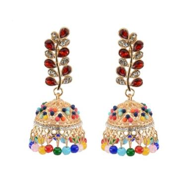 Imagem de Brincos femininos banhados a ouro indiano CZ Jhumka com pingente de sino, joia vintage de casamento, joia de casamento para noiva, 63*26mm, Metal Cristal Esmalte, Sem pedra preciosa