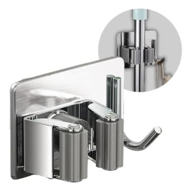 Imagem de Suporte de Parede em Aço Inox para Vassouras e Rodos, Organizador com Ganchos Adesivos, Montagem Sem Furos