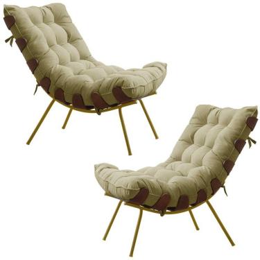 Imagem de Kit 2 Poltronas Abel Base de Madeira Dourada Veludo Bege