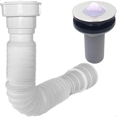 Imagem de Kit Válvula Lavatório ABS Inox  Cuba Sifão Universal Sanfonado Branco 