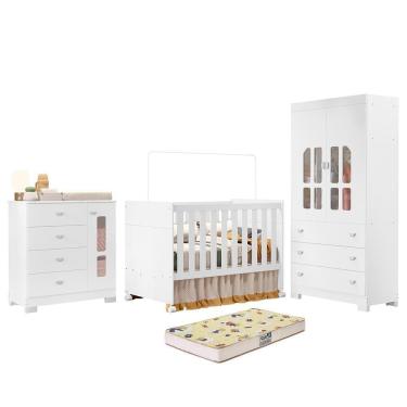 Imagem de Dormitório Infantil New Katatau Guarda Roupa, Cômoda E Berço Branco Fosco Com Colchão Supreme - Reller Móveis Branco Fosco