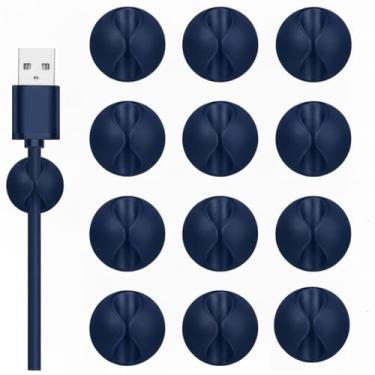 Imagem de Suporte de cabo, clipes de cabo, 12 peças, organizador de cabos adesivos azuis, suporte de carregador para mesa de cabeceira, mesa, escritório ou mouse