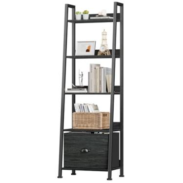 Imagem de Furologee Prateleira de escada, prateleira de livros com gaveta, estante de 5 camadas, prateleiras de armazenamento abertas para livros, CDs, fotos, estante preta para escritório em casa, sala de