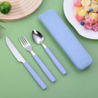 Imagem de Jogo de Talheres Portáteis com Estojo – Kit Talheres Garfo Faca e Colher para Marmita, Trabalho, Escola, Acampamento - Talheres Coloridos com Caixinha - UpShop (Azul)