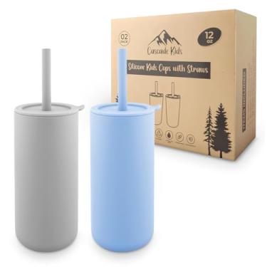 Imagem de Cascade Kids Copos infantis de silicone para smoothie com canudos e tampas, (pacote com 2), não plástico, livre de BPA, inquebrável, à prova de cheiro, para crianças de 3 a 5 anos, azul celeste, 340 g