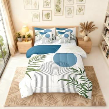 Imagem de Erosebridal Conjunto de cama King Boho de meados do século, conjunto de edredom com sálvia verde com lençol para adultos, boêmio moderno, minimalista, geométrico, abstrato, geométrico, estético