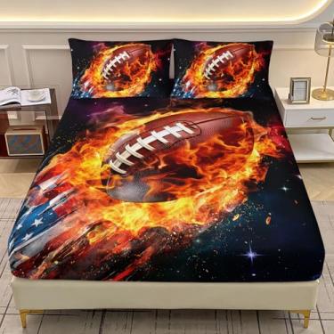 Imagem de AILONEN Jogo de lençol solteiro de rugby e bandeira americana tamanho GG, galáxia espacial footabll, para crianças, meninos, com 2 fronhas, 3 peças