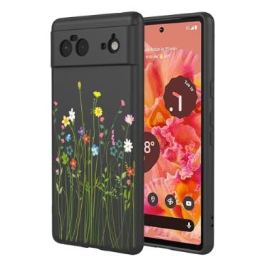 Imagem de OEURVQO Capa artística para Google 6, capa de silicone líquido de toque macio com forro fofo, compatível com carregamento sem fio, capa protetora para Google Pixel 6, flor silvestre preta