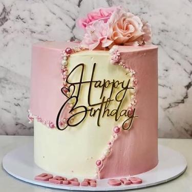 Imagem de Topo de bolo de feliz aniversário, design de acrílico espelhado dourado com decoração de placa de bolo de coração, suprimentos de pingente de bolo de feliz aniversário, sobremesa de bolo de festa de