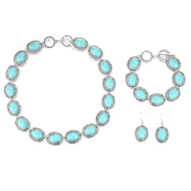 Imagem de Conjunto de 3 peças de colar gargantilha com contas turquesa oval boêmio conjunto de 3 peças para mulheres pedra preciosa natural vintage vaqueiras ocidentais fantasia joias boho verão praia feriado