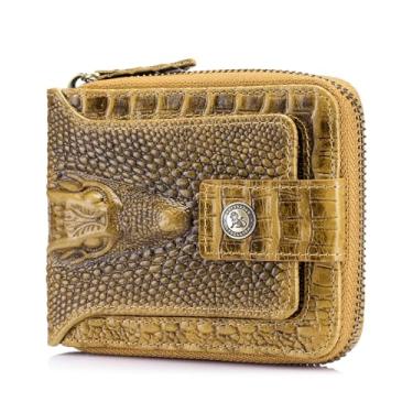 Imagem de Carteira masculina de couro genuíno com estampa de crocodilo leão de aço com grande capacidade para documento de identificação com bolso para moedas com zíper, Marrom, Moda e lazer