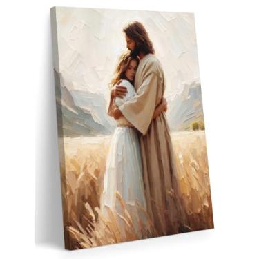 Imagem de FWAHREN Arte de parede em tela de Jesus Cristão, Abraçando Mulher Campo de Trigo Pintura Religiosa, Imagens Bíblicas, Impressão de Cartaz, Decoração de Parede para Sala de Oração da Igreja, Escritório